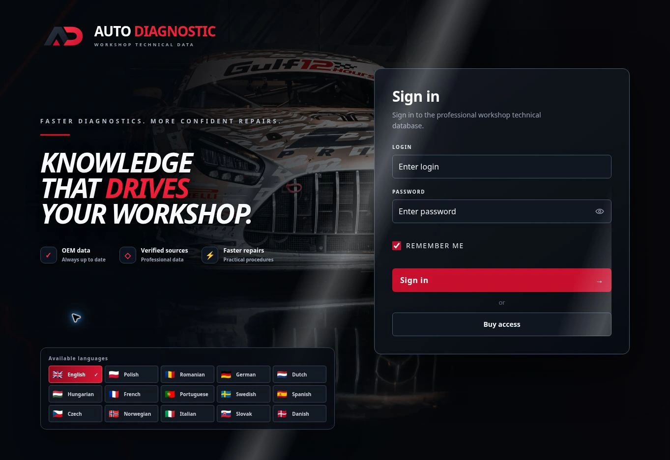 The English Auto Diagnostic sign-in screen.