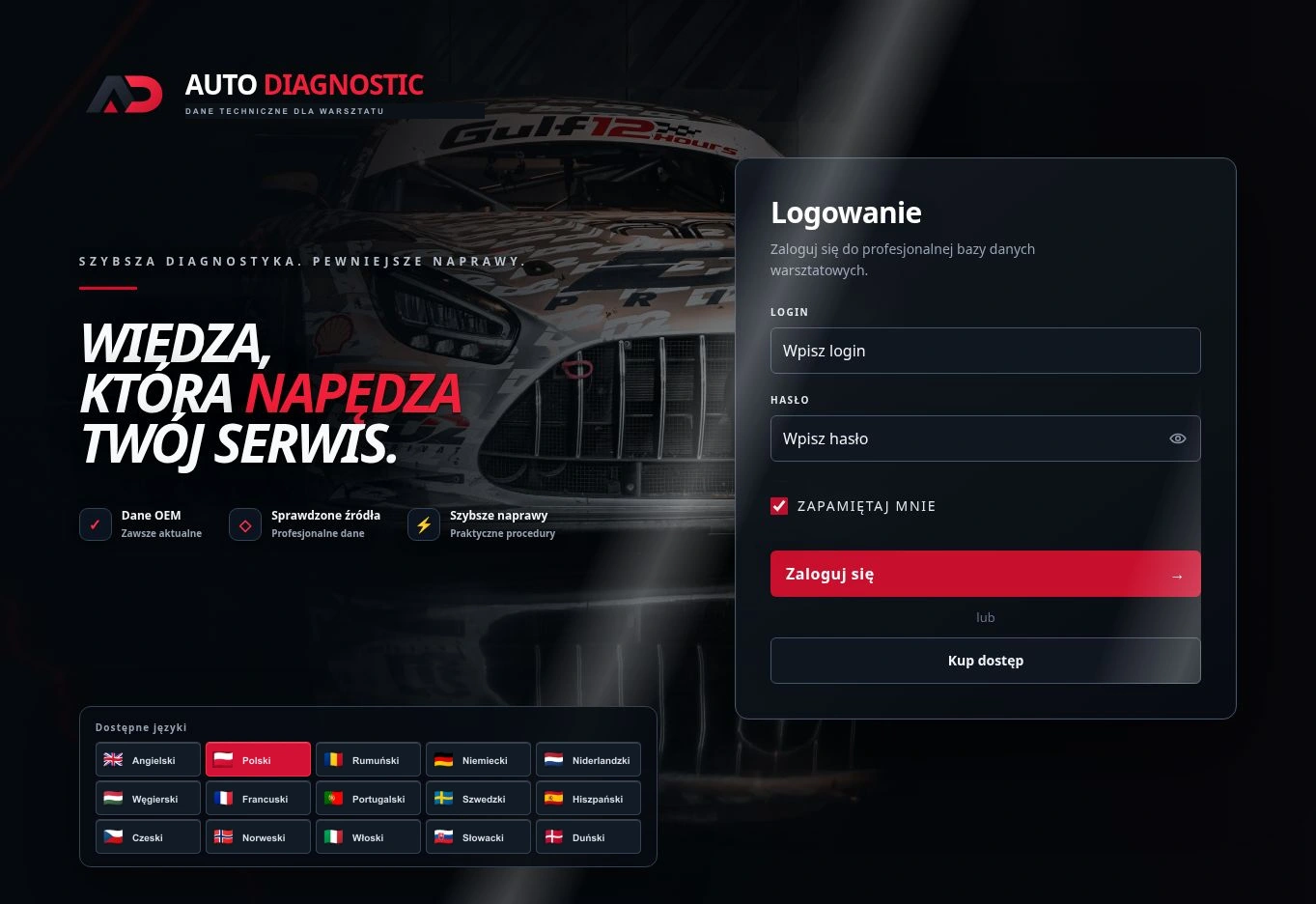 Polski ekran logowania Auto Diagnostic.